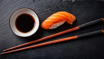 salmon nigiri with soy sauce and chopsticks beautifully arranged on a dark slate surface creating an elegant culinary scene