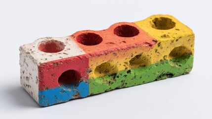 Colorful painted brick with circle holes and a unique perspective. This construction block is visually striking, with vibrant colors and circular openings