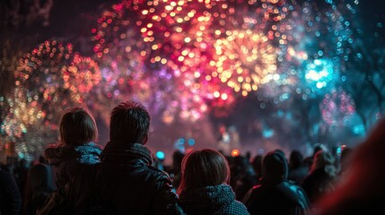 Diverse crowd observing a vibrant colorful fireworks display lighting up the night sky with bokeh effects