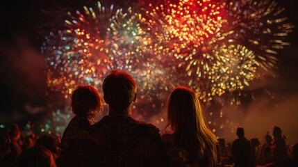 Family watching a vibrant fireworks display at night with silhouettes of people below