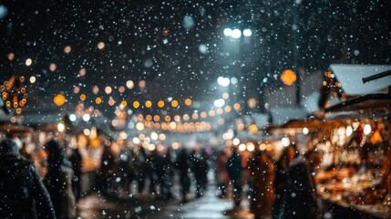 Out of focus winter market scene with falling snow and illuminated stalls 70 characters