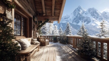 Rustic wooden cabin porch with Christmas trees and snowy mountain backdrop