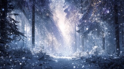 Snowy pine forest with sunlight rays filtering through branches and sparkling snow