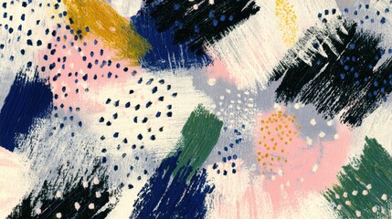 Abstract brush strokes and scattered dots in pastel and dark colors background
