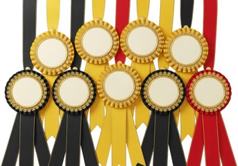Collection of gold rosette ribbons in black, yellow, and red for awards and recognition isolated on transparent background