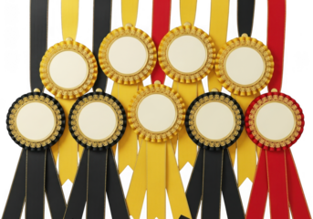 Collection of gold rosette ribbons in black, yellow, and red for awards and recognition isolated on transparent background