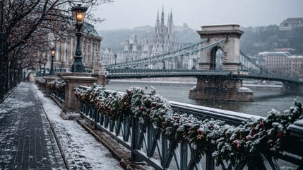 Snowy pedestrian walkway with ornate railing lamp posts and bridge in the background
