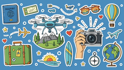 Obraz premium Colorful travel and vacation icons including drone camera suitcase landmarks and adventure gear.