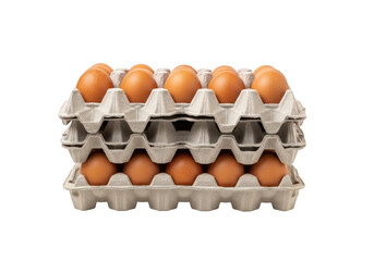 A carton of brown eggs stacked on top of each other, isolated on transparent background