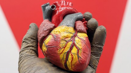 A detailed anatomical model of a human heart held in a gloved hand