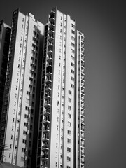 Modern high-rise residential apartment building with balconies and repetitive window pattern in monochrome architectural photography.
