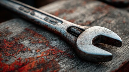 A close-up shot of a single wrench tool resting on a rustic wooden surface, exuding a sense of industry and craftsmanship