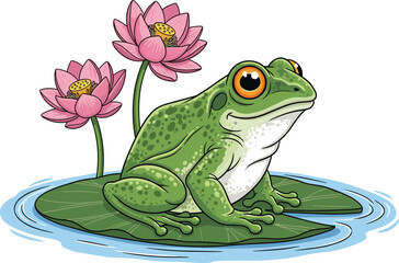 Detailed Cartoon Illustration of a Green Frog Sitting Peacefully on a Lily Pad, Accompanied by Pink Lotus Flowers, Representing Nature, Serenity, and Pond Life