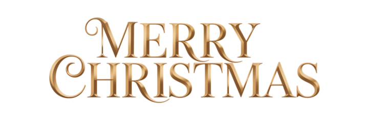 Elegant golden three dimensional typography spelling merry christmas with ornate flourishes against a transparent background perfect for holiday designs