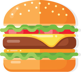 Modern Flat Design Vector Illustration of a Big Cheeseburger with Lettuce, Tomato, and Sesame Seed Bun, Representing Fast Food and Deliciousness