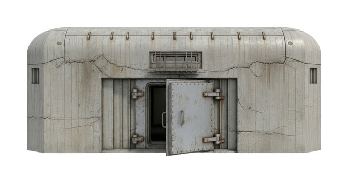Weathered concrete bunker with a heavy metal door slightly ajar, featuring small barred windows and visible cracks, suggesting a secure or abandoned structure.