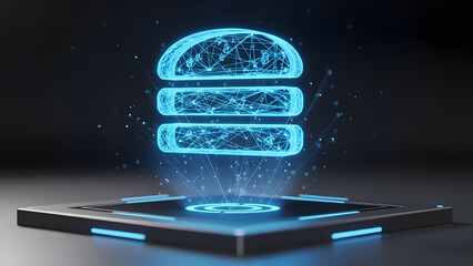 A holographic database server icon is rendered in 3d with glowing blue lines, representing digital data storage, network security, and advanced cloud computing infrastructure