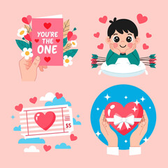 Cute Valentine-themed illustration set featuring love cards, heart gifts, and a sweet character surrounded by hearts. Perfect for romance, celebration, and holiday design projects.