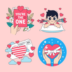 Cute Valentine-themed illustration set featuring love cards, heart gifts, and a sweet character surrounded by hearts. Perfect for romance, celebration, and holiday design projects.