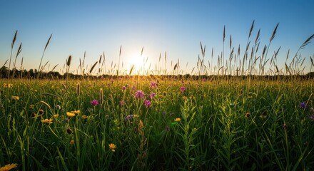 Fototapeta premium Lush, sun-drenched meadow bursting with vibrant summer wildflowers and tall green grasses under a clear blue sky. Golden hour light bathes the abundant nature, lush, foliage, sunny