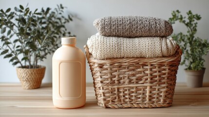 Freshly washed clothes stacked in a wicker basket, with a bottle of laundry detergent. The scene evokes cleanliness and home care.