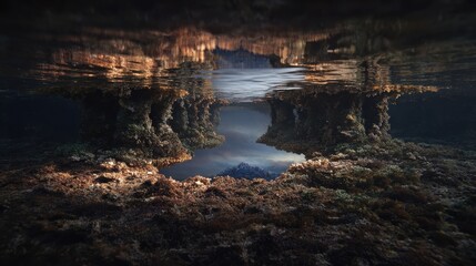 Underwater view of natural formations, caves, and reflected in the water, creating a surreal landscape. The combination of underwater elements and reflection forms a beautiful landscape.
