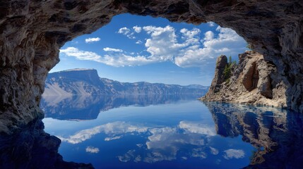 An eye-level view of a tranquil lake, seen from within a cave, with an opening that frames the serene landscape, under a bright blue sky and fluffy clouds.