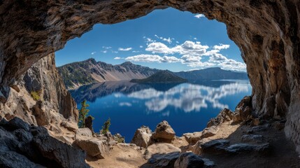 A mesmerizing view of a lake and mountains framed by a cave entrance. The lake reflects the sky and clouds, creating a stunning panorama