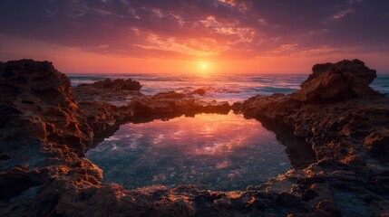 Captivating sunset view over the ocean with stunning colors, reflecting in a pool