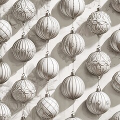 Decorative background with matte Christmas ornaments, embossed festive texture, and holiday-themed surface suspended on a light floral base for seasonal branding and packaging