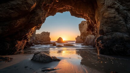A stunning sunset view through a rocky archway, with the sun setting over the ocean, reflecting in the water, offering a serene atmosphere.