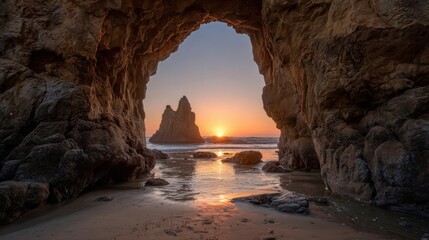 A stunning sunset captured through a coastal rock archway. The scene evokes a sense of wonder and tranquility, with the golden sunlight reflecting off the water