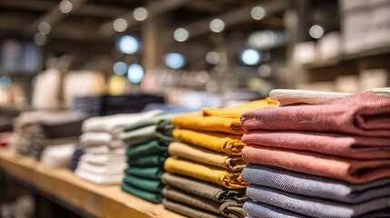 Neatly folded clothing items displayed in a retail store. Various colors of garments are stacked on a shelf.