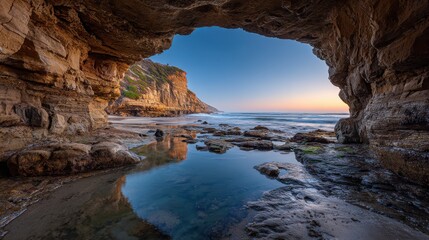 A scenic view from within a coastal cave, revealing the ocean and sky