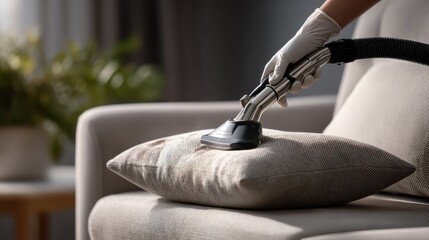 A close-up shot of the cleaning process, focusing on removing a stain from a pillow using a vacuum cleaner