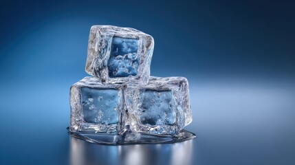 A stack of three ice cubes on a cool background