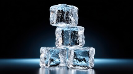 Four clear ice cubes stacked together against a dark background, the scene emits a cold and refreshing vibe
