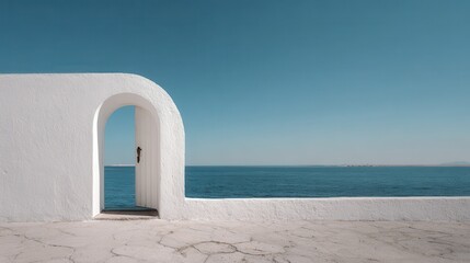 A picturesque view through an arched doorway of sea and sky