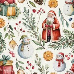 Stylized holiday background showcasing hand-drawn festive characters, botanical winter accents, and vintage ornament layout, suitable for branding assets and nostalgic holiday designs