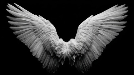 Elegant white feathered wings with a dark background. The wings are spread wide in a symmetrical display, evoking a sense of grace and freedom