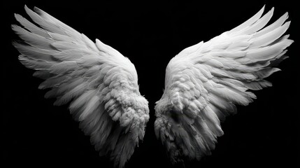 A pair of white angel wings gracefully displayed against a black background. These stunning wings suggest freedom and heavenly beauty. 