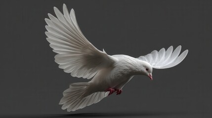 A pure white dove in mid-flight with wings spread wide, showcasing grace and freedom. Its feathers gleam as it soars, against the backdrop of an artistic look