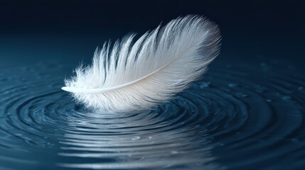 A delicate feather floating on a calm water surface, with gentle ripples creating a serene atmosphere