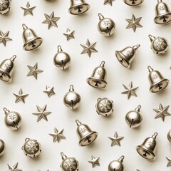 Stylized festive background showcasing ornamental bell shapes, silver and gold tones, and holiday ornament layout, suitable for branding assets and winter celebration scenes.