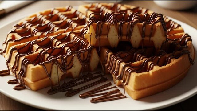 Close up of freshly made waffles drizzled with chocolate on a white plate