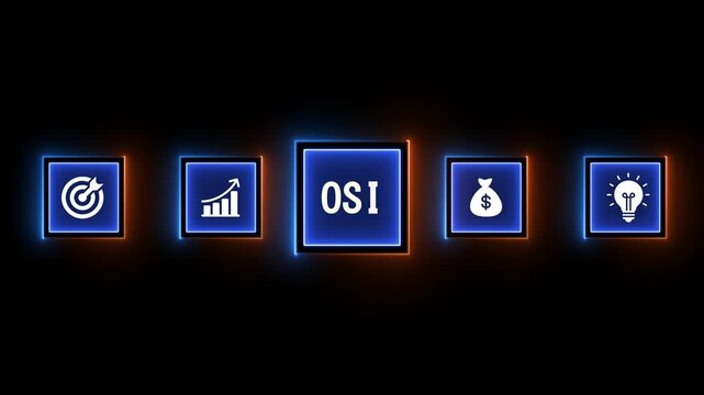 Neon Business Icons for Goals Growth Money and Ideas with OSI Text on a Dark Background finance symbol