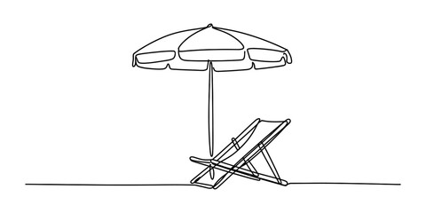 Continuous line drawing of a beach umbrella and deck chair on white background