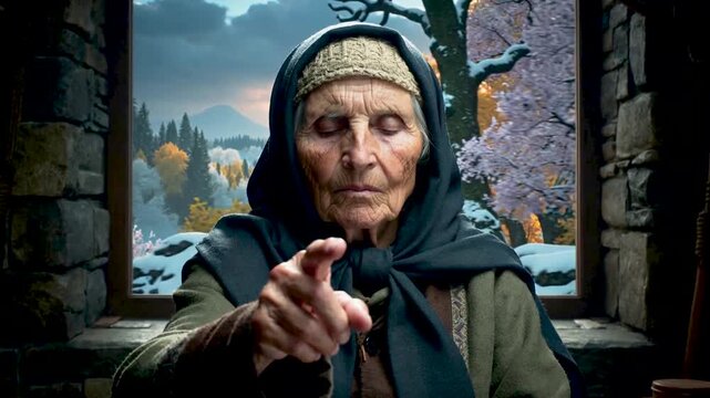An old soothsayer with her eyes closed predicts the future. She points her finger forward, and the seasons change behind her.