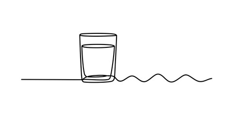 Minimalist single line drawing portraying a glass full of water with a wavy line continuation
