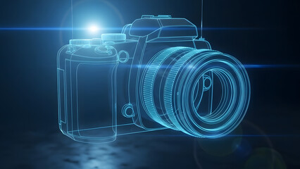 Holographic wireframe rendering of a professional DSLR camera glowing with blue light against a dark reflective background showcasing intricate digital technology and photography